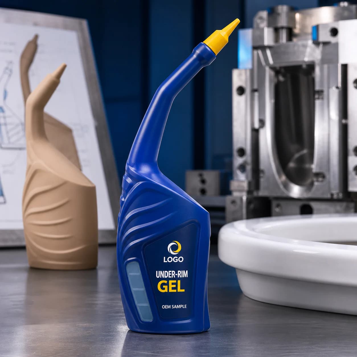 Illustrative blue long-neck wing-grip private-mould bottle marked Under-Rim Gel and OEM SAMPLE beside prototype tooling
