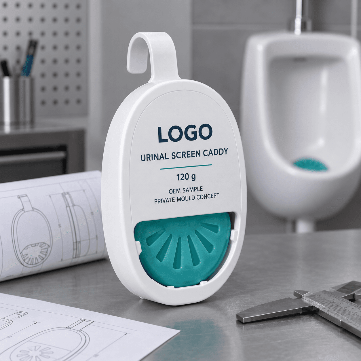 Illustrative matte-white 120 g private-mould urinal screen caddy with teal insert and fitted LOGO, OEM SAMPLE and PRIVATE-MOULD CONCEPT front panel on an engineering bench