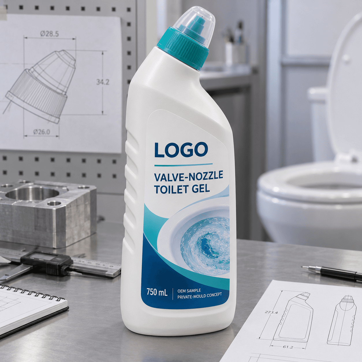 Illustrative white 750 mL single-compartment private-mould toilet gel bottle with teal valve-nozzle closure, clear overcap and fitted LOGO, VALVE-NOZZLE TOILET GEL, OEM SAMPLE and PRIVATE-MOULD CONCEPT label on a packaging engineering bench