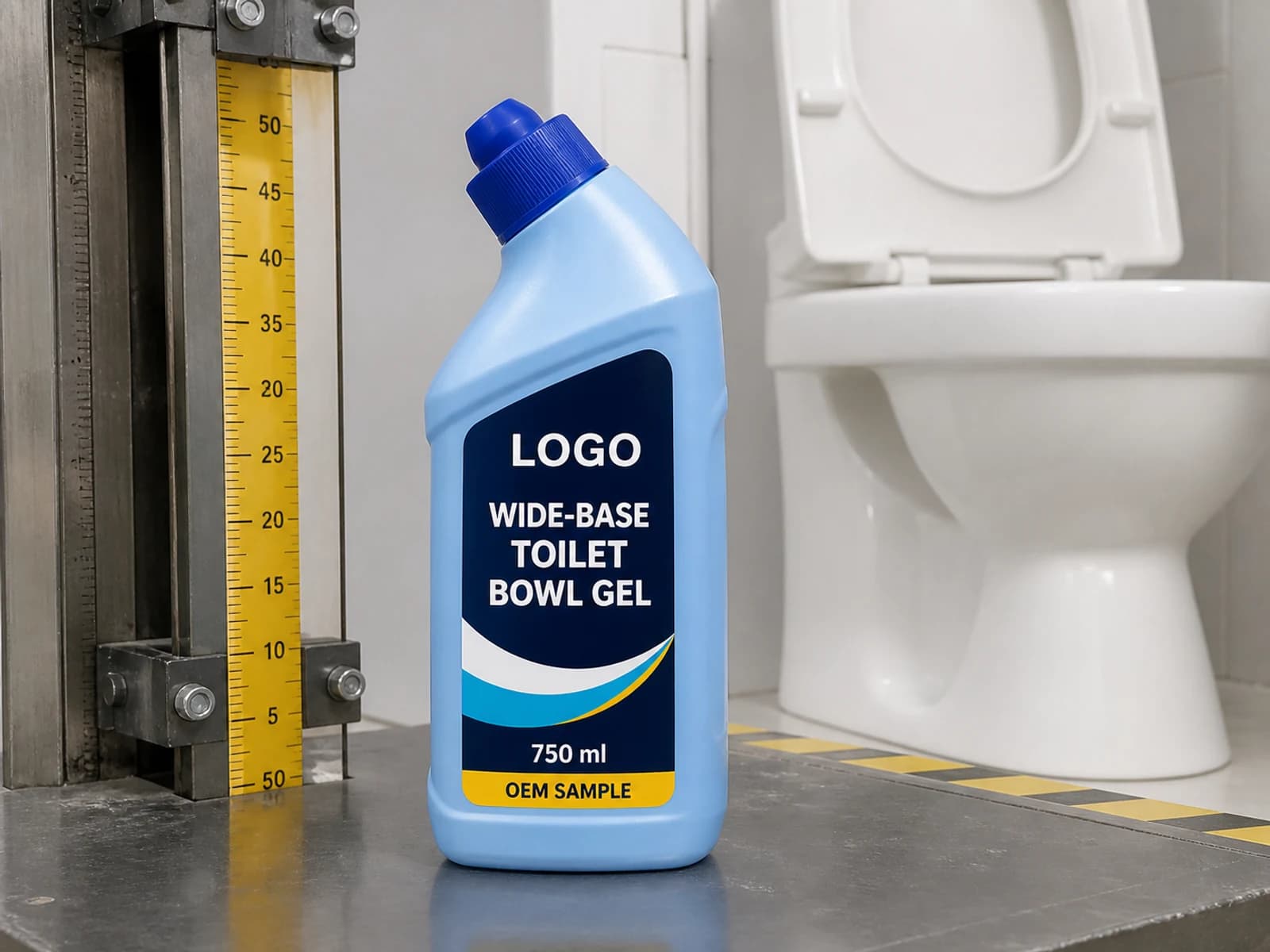 Illustrative pale-blue private-mould wide-base bottle labelled Wide-Base Toilet Bowl Gel and OEM SAMPLE beside a stability gauge