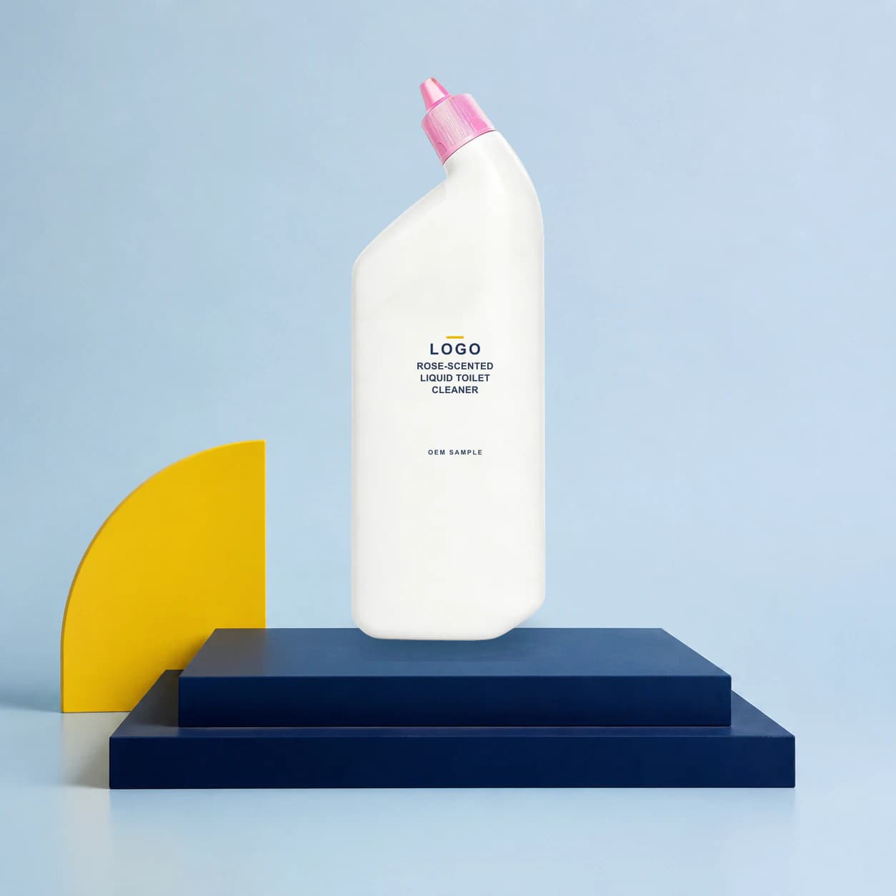 Existing angled-neck bottle with illustrative LOGO, product name and OEM SAMPLE direct-print artwork for a rose-scented toilet cleaner project