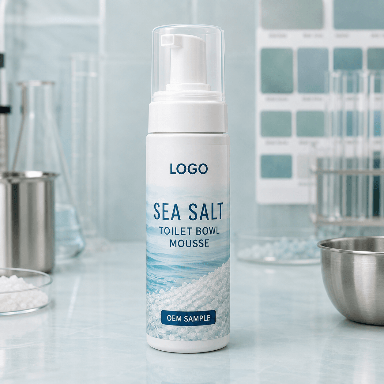 Existing white 450 ml foam-pump bottle with clear protective cap and integrated LOGO, SEA SALT TOILET BOWL MOUSSE and OEM SAMPLE label on a pale-aqua fragrance evaluation bench
