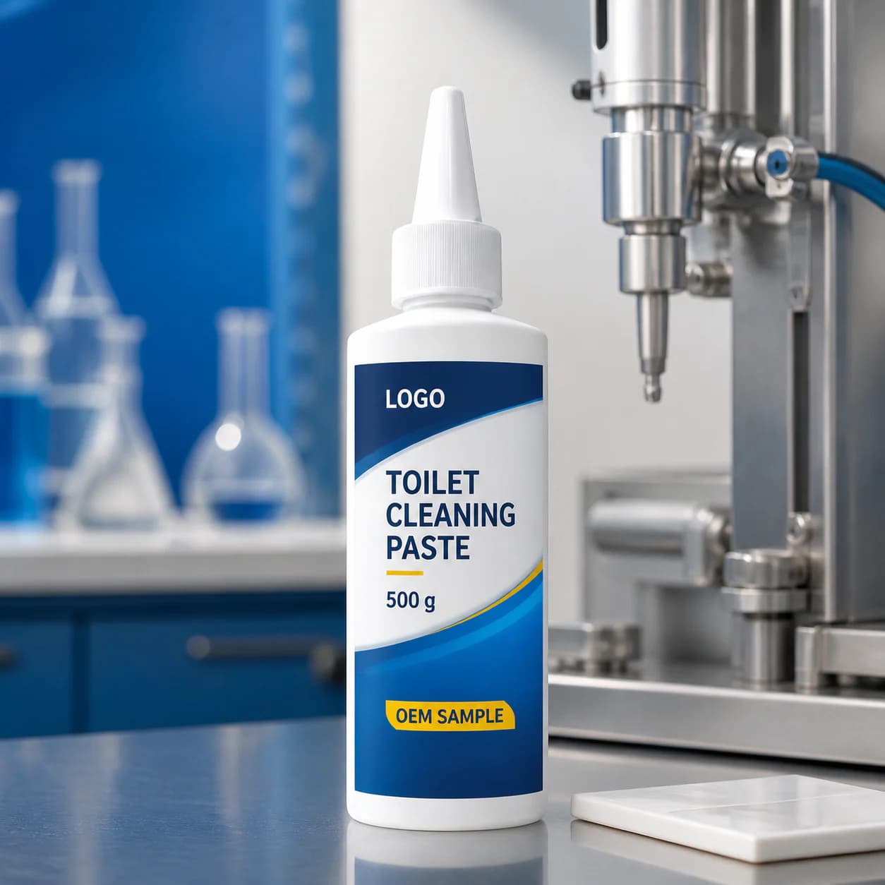 White 500 g existing precision-nozzle bottle labelled Toilet Cleaning Paste and OEM SAMPLE beside paste-filling equipment