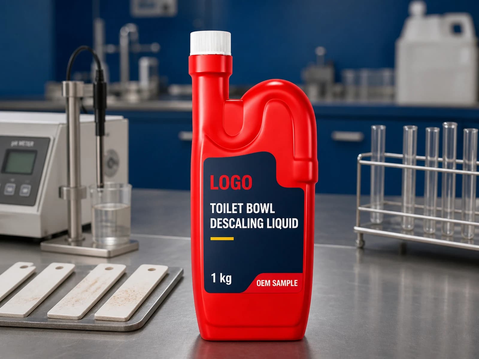 Red existing industrial bottle labelled Toilet Bowl Descaling Liquid, 1 kg and OEM SAMPLE on a descaling test bench