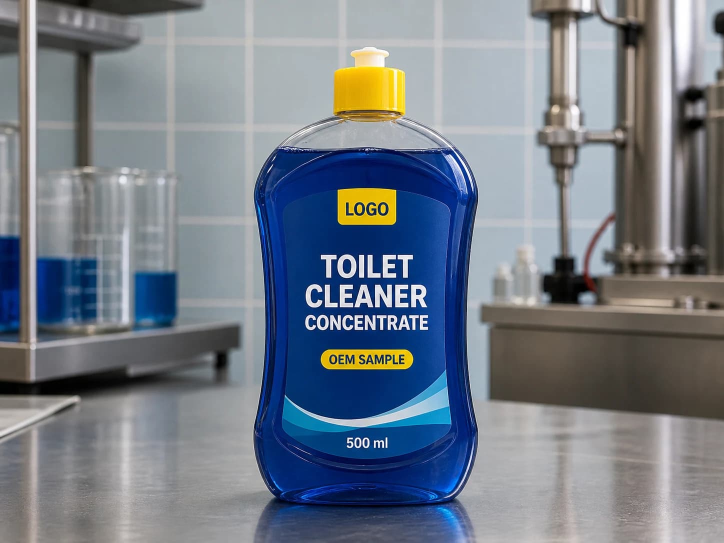 Clear existing 500 ml squeeze bottle filled with blue toilet-cleaner concentrate and labelled LOGO, TOILET CLEANER CONCENTRATE and OEM SAMPLE on a formulation bench