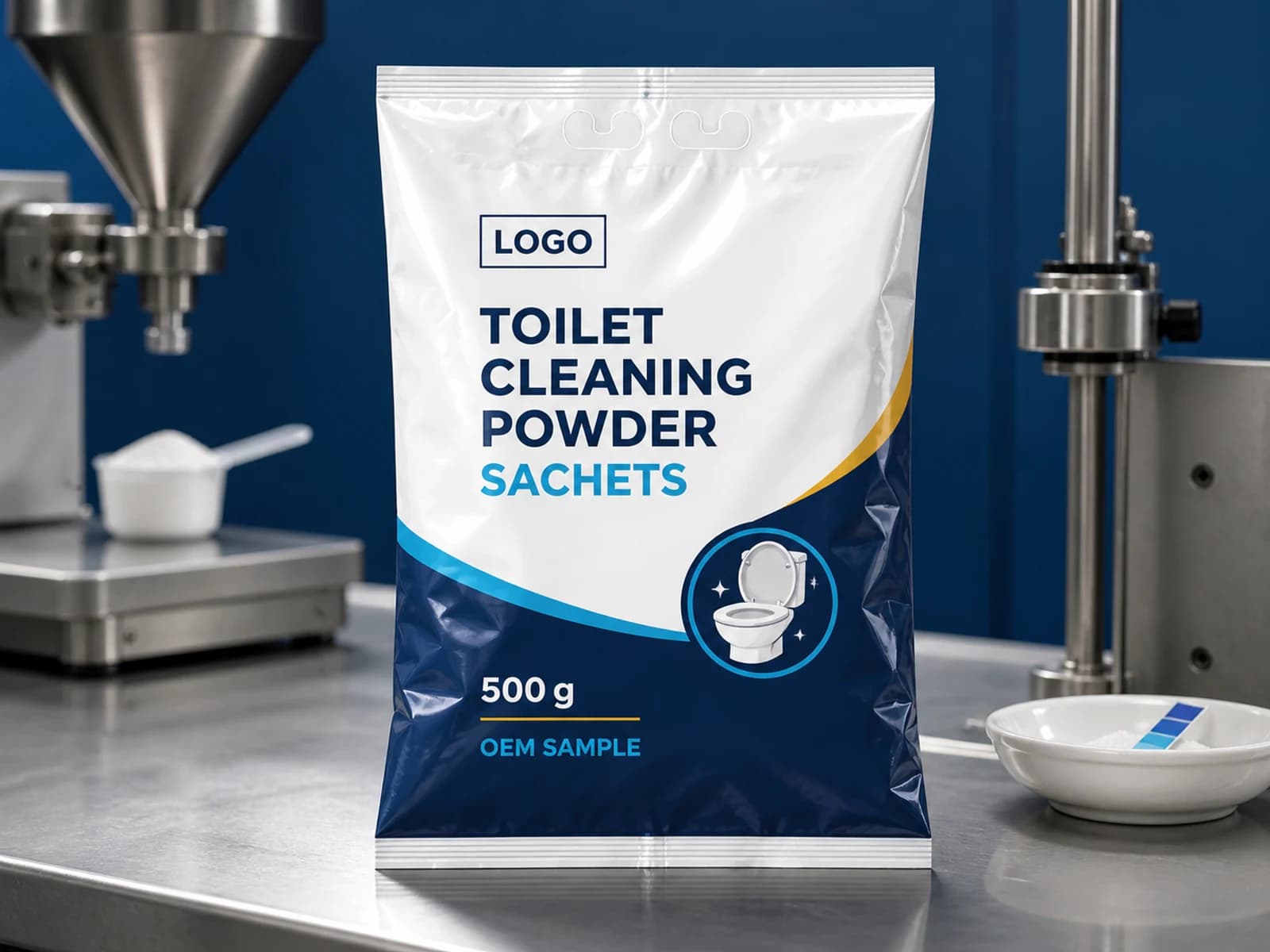 Existing flexible pouch labelled Toilet Cleaning Powder Sachets, 500 g and OEM SAMPLE at a powder filling station