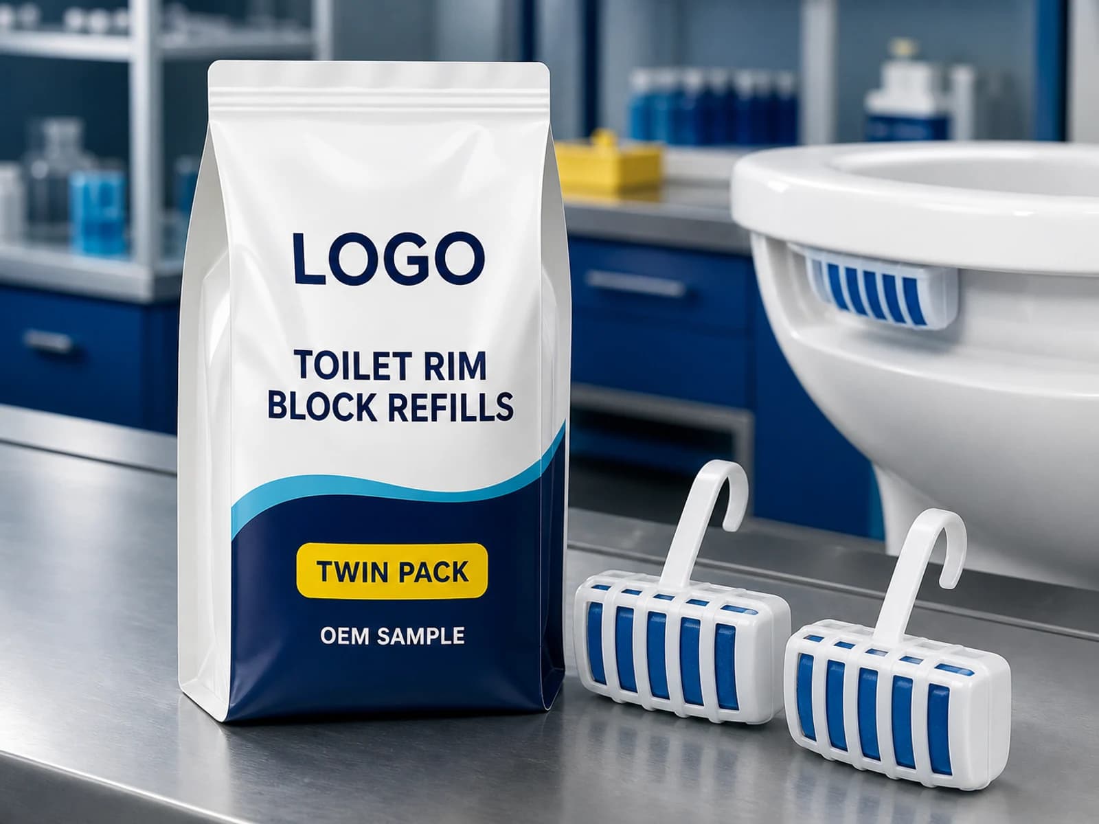 Existing pouch labelled Toilet Rim Block Refills, Twin Pack and OEM SAMPLE beside conventional blue rim-block cages